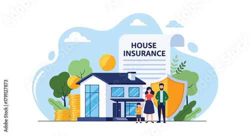 Flat vector scene of family and house for home insurance protection. ideal for property, banking, and housing service promotions