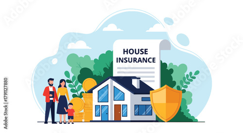 Flat vector scene of family and house for home insurance protection. ideal for property, banking, and housing service promotions