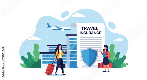 Flat vector travelers with luggage in airport with airplane under shield. Solid tropical colors, no gradients, ideal for travel agencies, insurance sites, and flight posters