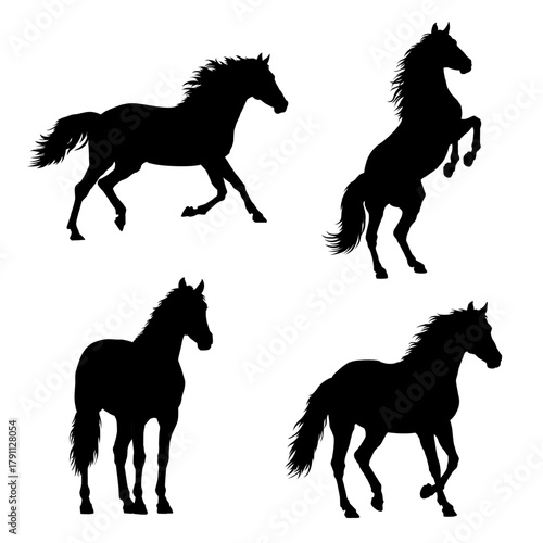 Vector horse silhouettes in various active poses: running, rearing, trotting. Black equine forms for 2026 Year of the Horse. Zodiac art, logo, print, design, motion graphics.