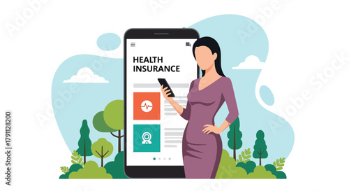 Flat vector illustration of person using health insurance mobile app with doctor icons.  ideal for UI concepts, fintech ads, and tech campaigns.