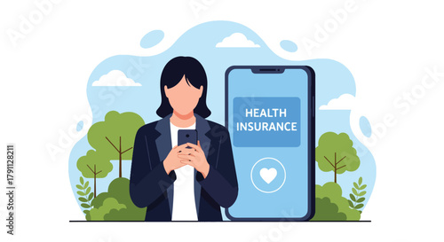 Flat vector illustration of person using health insurance mobile app with doctor icons.  ideal for UI concepts, fintech ads, and tech campaigns.