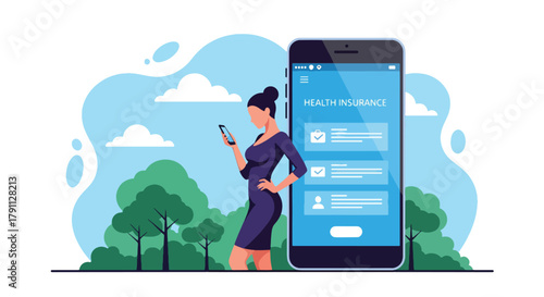 Flat vector illustration of person using health insurance mobile app with doctor icons.  ideal for UI concepts, fintech ads, and tech campaigns.