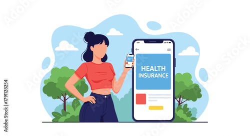 Flat vector illustration of person using health insurance mobile app with doctor icons.  ideal for UI concepts, fintech ads, and tech campaigns.