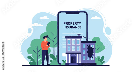 Flat vector person filing insurance claim beside damaged building.  ideal for policy documents, legal infographics, and financial web design