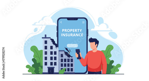 Flat vector person filing insurance claim beside damaged building.  ideal for policy documents, legal infographics, and financial web design