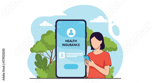 Flat vector illustration of person using health insurance mobile app with doctor icons.  ideal for UI concepts, fintech ads, and tech campaigns.