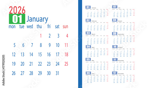 2026 Calendar Layout with Twelve Months View