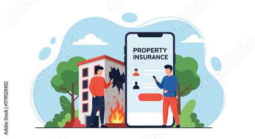 Flat vector person filing insurance claim beside damaged building.  ideal for policy documents, legal infographics, and financial web design