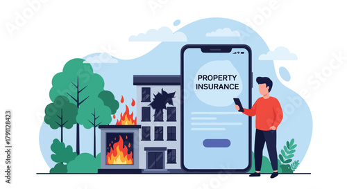 Flat vector person filing insurance claim beside damaged building.  ideal for policy documents, legal infographics, and financial web design
