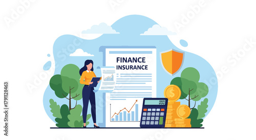 Flat vector of investor analyzing insurance documents with smartphone and calculator. ideal for banking dashboards and business infographics