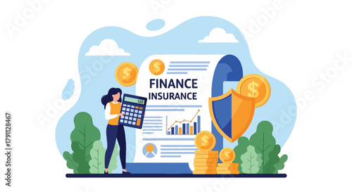Flat vector of investor analyzing insurance documents with smartphone and calculator. ideal for banking dashboards and business infographics
