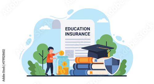 Flat vector kids investing for education insurance under shield. Solid bright palette. ideal for finance blogs, school websites, and educational infographics