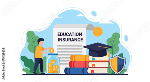 Flat vector kids investing for education insurance under shield. Solid bright palette. ideal for finance blogs, school websites, and educational infographics
