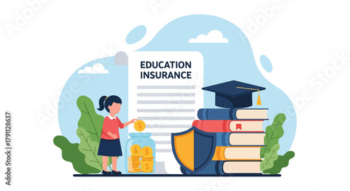 Flat vector kids investing for education insurance under shield. Solid bright palette. ideal for finance blogs, school websites, and educational infographics