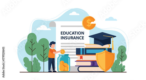 Flat vector kids investing for education insurance under shield. Solid bright palette. ideal for finance blogs, school websites, and educational infographics