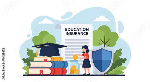 Flat vector kids investing for education insurance under shield. Solid bright palette. ideal for finance blogs, school websites, and educational infographics