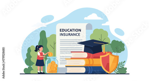Flat vector kids investing for education insurance under shield. Solid bright palette. ideal for finance blogs, school websites, and educational infographics