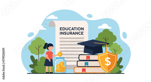 Flat vector kids investing for education insurance under shield. Solid bright palette. ideal for finance blogs, school websites, and educational infographics