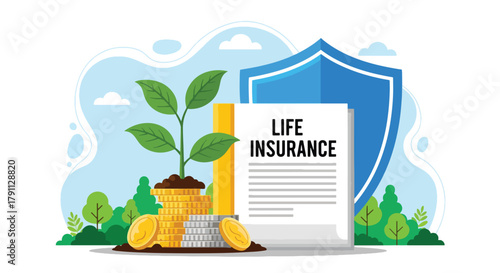 Flat vector plant growing from coins under shield showing life insurance growth. Solid green palette, no gradients, ideal for finance campaigns and savings illustrations