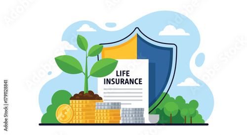 Flat vector plant growing from coins under shield showing life insurance growth. Solid green palette, no gradients, ideal for finance campaigns and savings illustrations