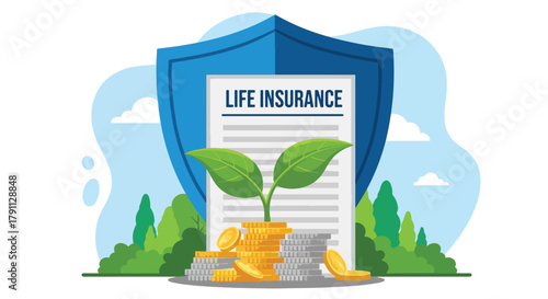 Flat vector plant growing from coins under shield showing life insurance growth. Solid green palette, no gradients, ideal for finance campaigns and savings illustrations