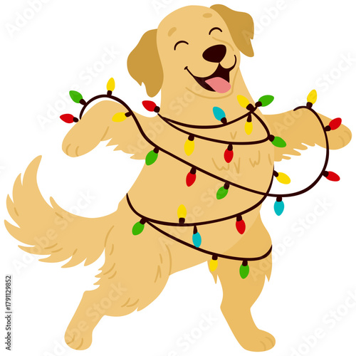 Cute and happy Christmas dog wrapped on bright garlands. Charming illustration in flat cartoon style for greeting cards, season greetings, end other design.