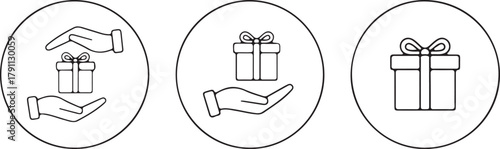 Gift box icon set with hands giving and receiving, representing generosity, special occasions, bonuses, and rewards vector illustration