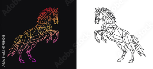 Set of rearing geometric horse in low poly polygonal style. Triangular line art for 2026 Year of the Horse. Zodiac sign with equines (neon and monochrome) in motion for tattoo, logo, print, designs