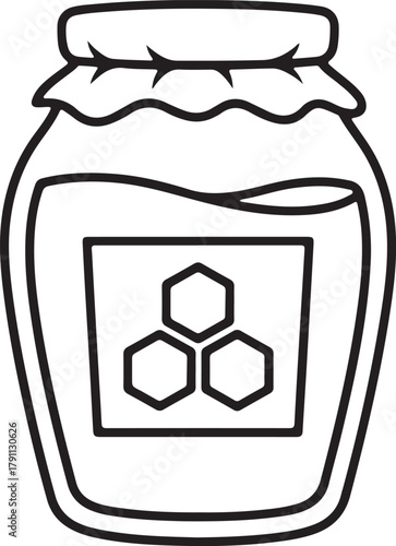 Outline illustration of a honey jar, sweet food product in a glass container with a honeycomb label, natural organic ingredient.