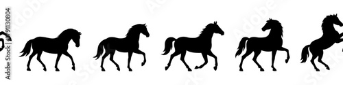 Horizontal seamless pattern of galloping horse silhouettes. Black vector equine strip for 2026 Year of the Horse. Endless border line for zodiac projects, repeat design, border decor, motion sequence