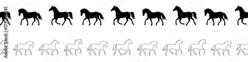Set of seamless horizontal row of outline horses in motion. Black vector silhouettes running and trotting. Repeatable equine border for 2026 Year of the Horse, zodiac design, decoration, graphic trim.