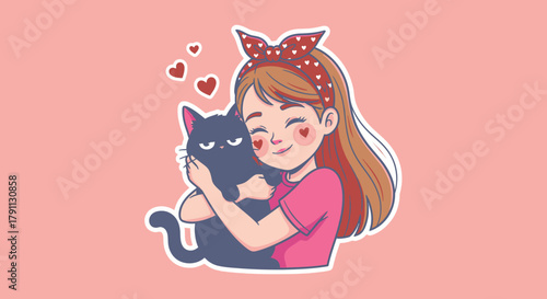Cartoon girl hugging grumpy cat vector illustration for cat lovers and pet adoption advocacy campaign