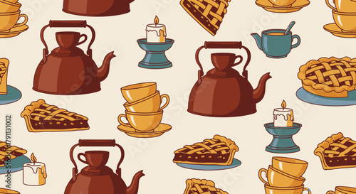 Seamless pattern of teapots cups pies and candles vintage style for kitchen or dining room decor design