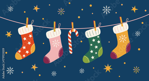 Christmas stockings hanging with candy cane vector illustration holiday season winter design 100