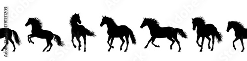 Horizontal seamless pattern of galloping horse silhouettes. Black vector equine strip for 2026 Year of the Horse. Endless border line for zodiac projects, repeat design, border decor, motion sequence