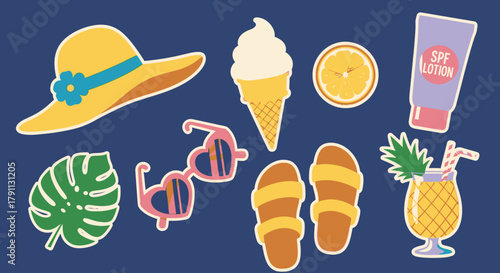 Summer vacation essentials flat lay illustration with beach accessories and tropical elements design