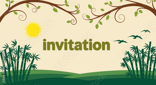 Nature themed invitation card design template with sun birds and bamboo for event celebration 100