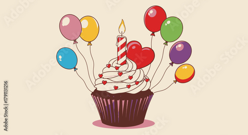 Birthday cupcake with balloons and candle for a celebration party vector illustration design