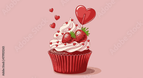 Valentine cupcake with strawberries and heart lollipop for dessert and love themed celebrations