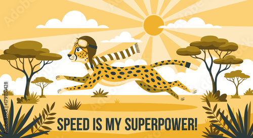Cartoon cheetah running fast with aviator hat and scarf in african savanna landscape vector illustration