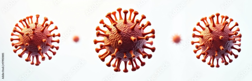 Obraz premium Coronavirus cell 3D model on isolated white background. Microscopic view of infectious pathogen. Illustration of dangerous microorganism for pandemic outbreak, virology science, medical research,