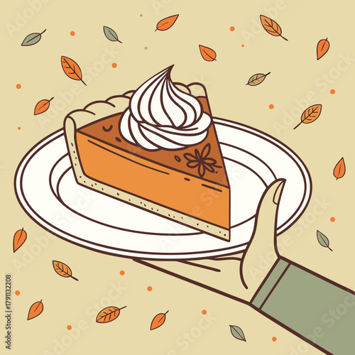 Pumpkin pie slice with whipped cream served on plate in hand. Traditional Thanksgiving dessert. Festive holiday sweet food design for celebration, invitation, greeting card. Vector illustration