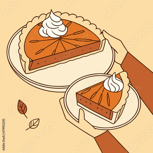 Pumpkin pie slice with whipped cream served on plate in hand. Traditional Thanksgiving dessert. Festive holiday sweet food design for celebration, invitation, greeting card. Vector illustration