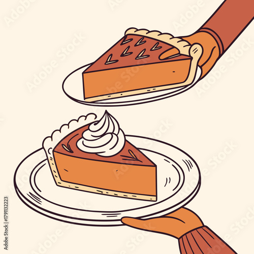 Pumpkin pie slice with whipped cream served on plate in hand. Traditional Thanksgiving dessert. Festive holiday sweet food design for celebration, invitation, greeting card. Vector illustration