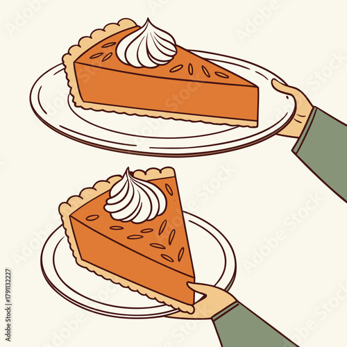 Pumpkin pie slice with whipped cream served on plate in hand. Traditional Thanksgiving dessert. Festive holiday sweet food design for celebration, invitation, greeting card. Vector illustration