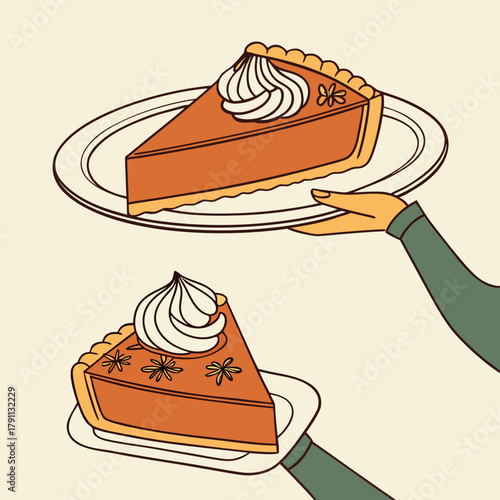Pumpkin pie slice with whipped cream served on plate in hand. Traditional Thanksgiving dessert. Festive holiday sweet food design for celebration, invitation, greeting card. Vector illustration