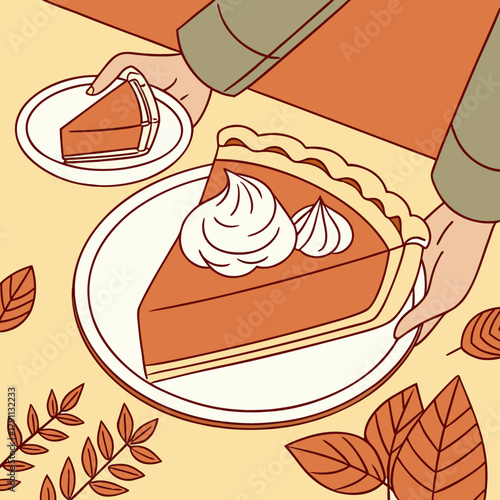 Pumpkin pie slice with whipped cream served on plate in hand. Traditional Thanksgiving dessert. Festive holiday sweet food design for celebration, invitation, greeting card. Vector illustration