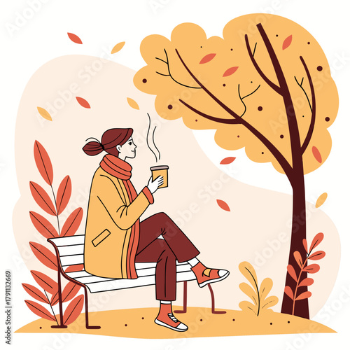 Flat Vector Autumn Illustration of Woman Sitting on Park Bench with Coffee Autumn park bench illustration shows falling leaves and cozy seasonal design with woman sitting outdoors and holding coffee