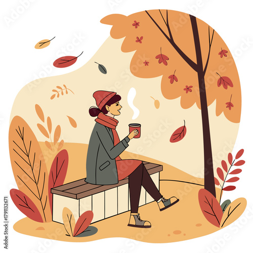 Flat Vector Autumn Illustration of Woman Sitting on Park Bench with Coffee Autumn park bench illustration shows falling leaves and cozy seasonal design with woman sitting outdoors and holding coffee